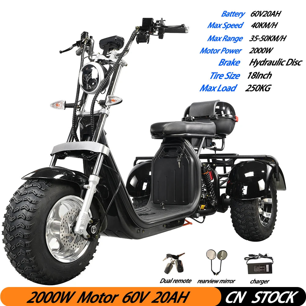 Adult Electric 3 Wheel Scooter 2000W Motor Max Speed 35-45KM/H Max Load 250KG 18 Inch Off road Fat Tire Electric Scooter.