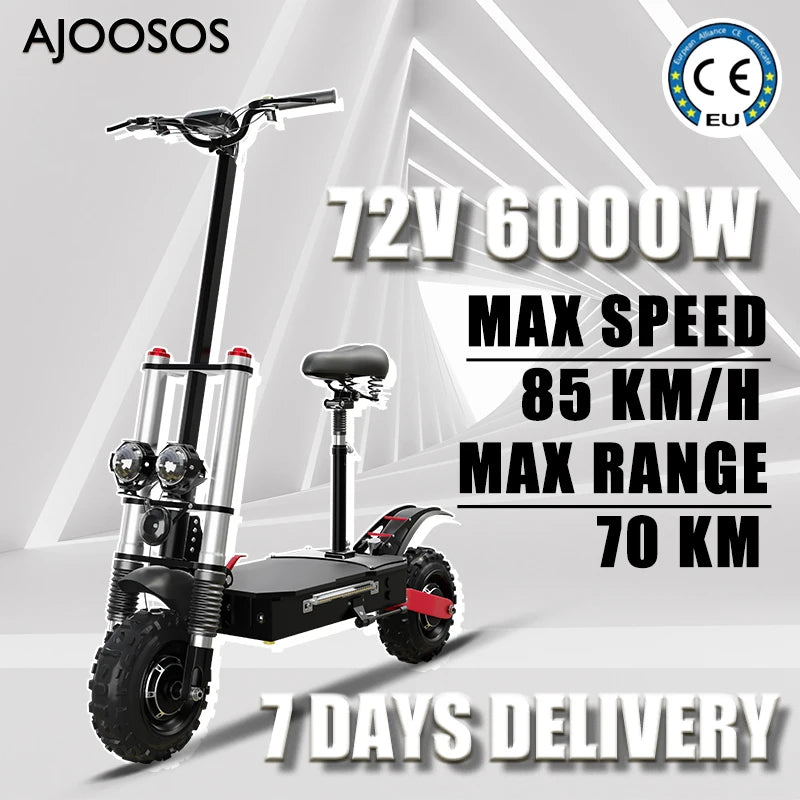 1200W 1300W 2400W 6000W Commuter Seated Adults Electric Scooter 48V/72V E-Scooter 10 inch Tubeless Off Road Tire with LCD.