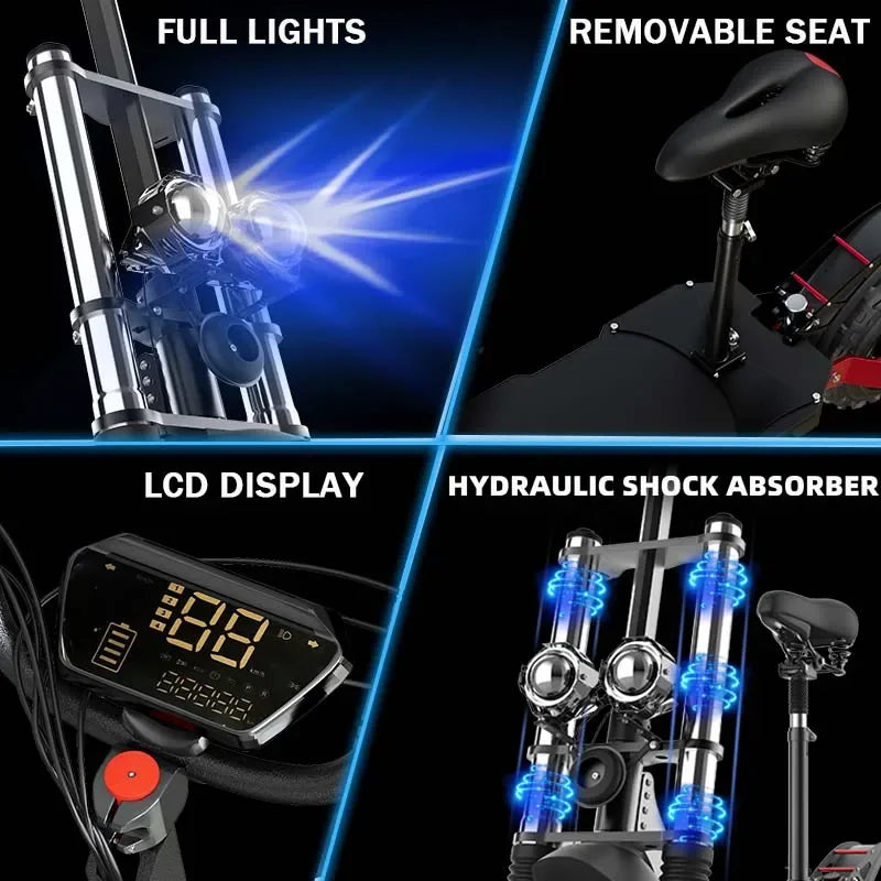 1200W 1300W 2400W 6000W Commuter Seated Adults Electric Scooter 48V/72V E-Scooter 10 inch Tubeless Off Road Tire with LCD.