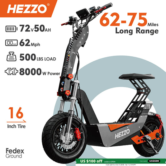 HEZZO F8 Electric Scooter 16 Inch Foldable 72v 8000W 62.5MPH 50Ah Long Range Off Road Escooter Motorbike With Seat US Warehouse.