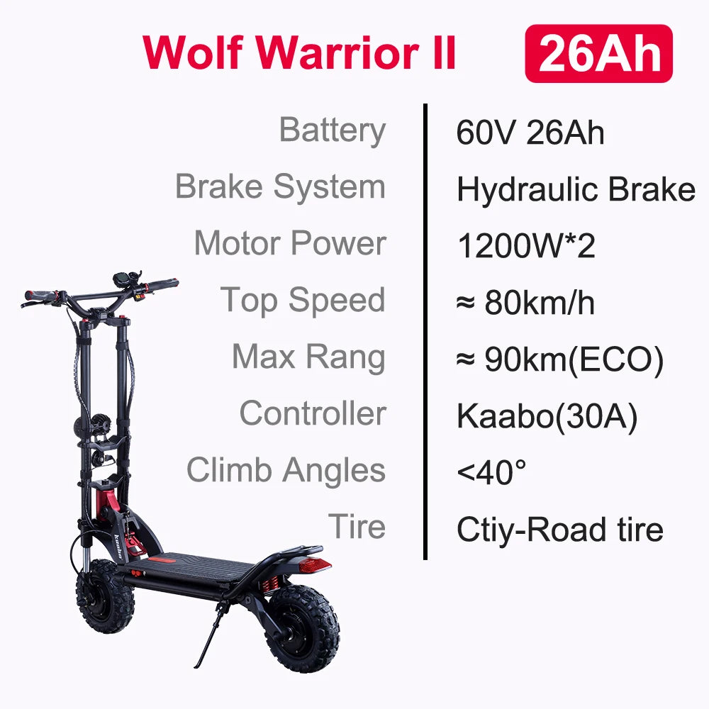 Original Kaabo Wolf Warrior 11 60V 26Ah 60V 35Ah 1200W*2 Dual Motor Full Hydraulic Brake 11inch Kaabo Wolf Warrior 11 E-Scooter.
