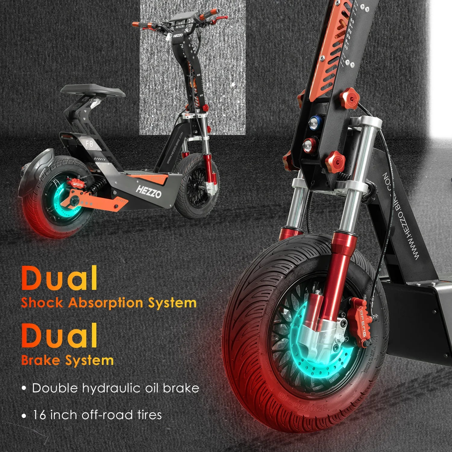 HEZZO F8 Electric Scooter 16 Inch Foldable 72v 8000W 62.5MPH 50Ah Long Range Off Road Escooter Motorbike With Seat US Warehouse.
