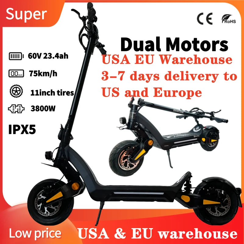 USA warehouse DT06 EU warehouse 3800W 11inch IPX5 Hydraulic Suspension Brake Dual Motor Foldable Off Road Electric Scooter.