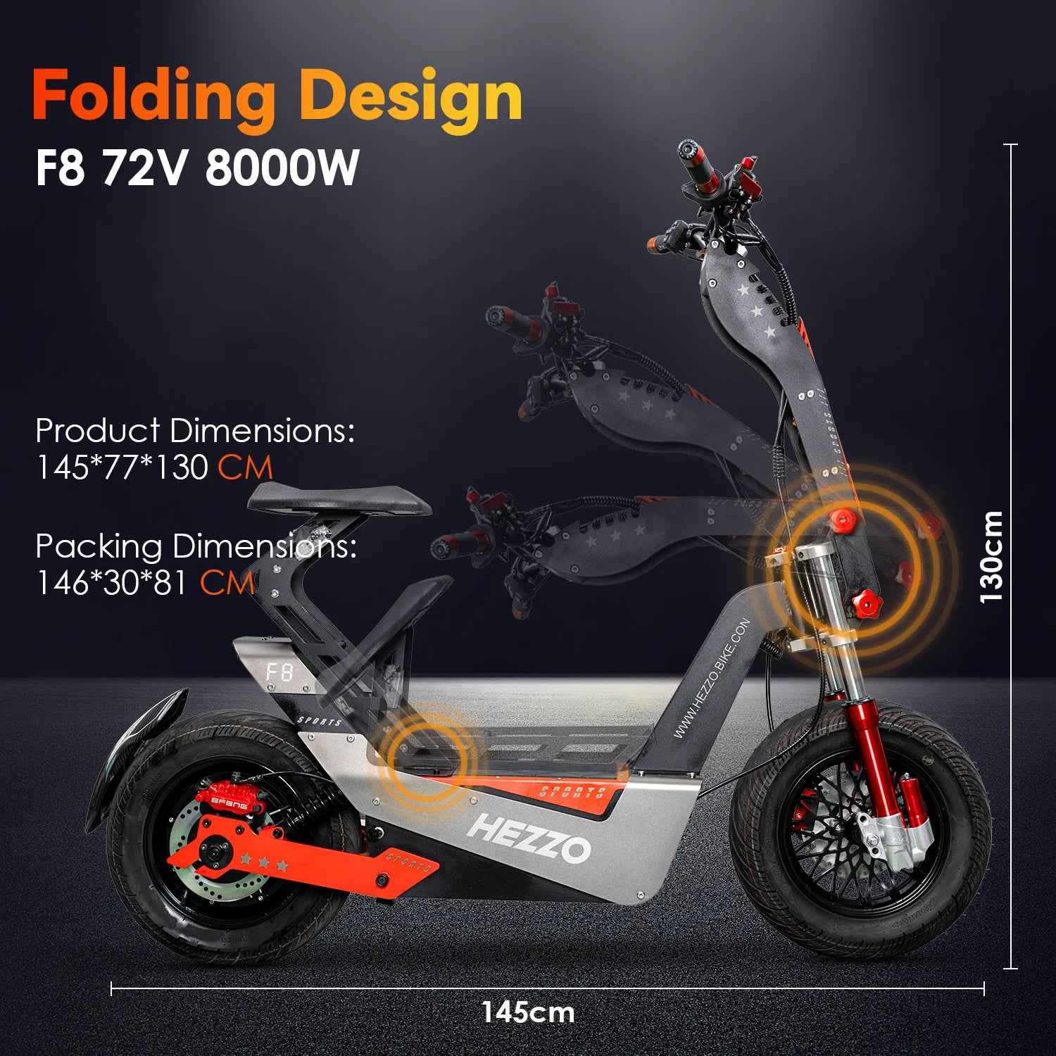 HEZZO F8 Electric Scooter 16 Inch Foldable 72v 8000W 62.5MPH 50Ah Long Range Off Road Escooter Motorbike With Seat US Warehouse.