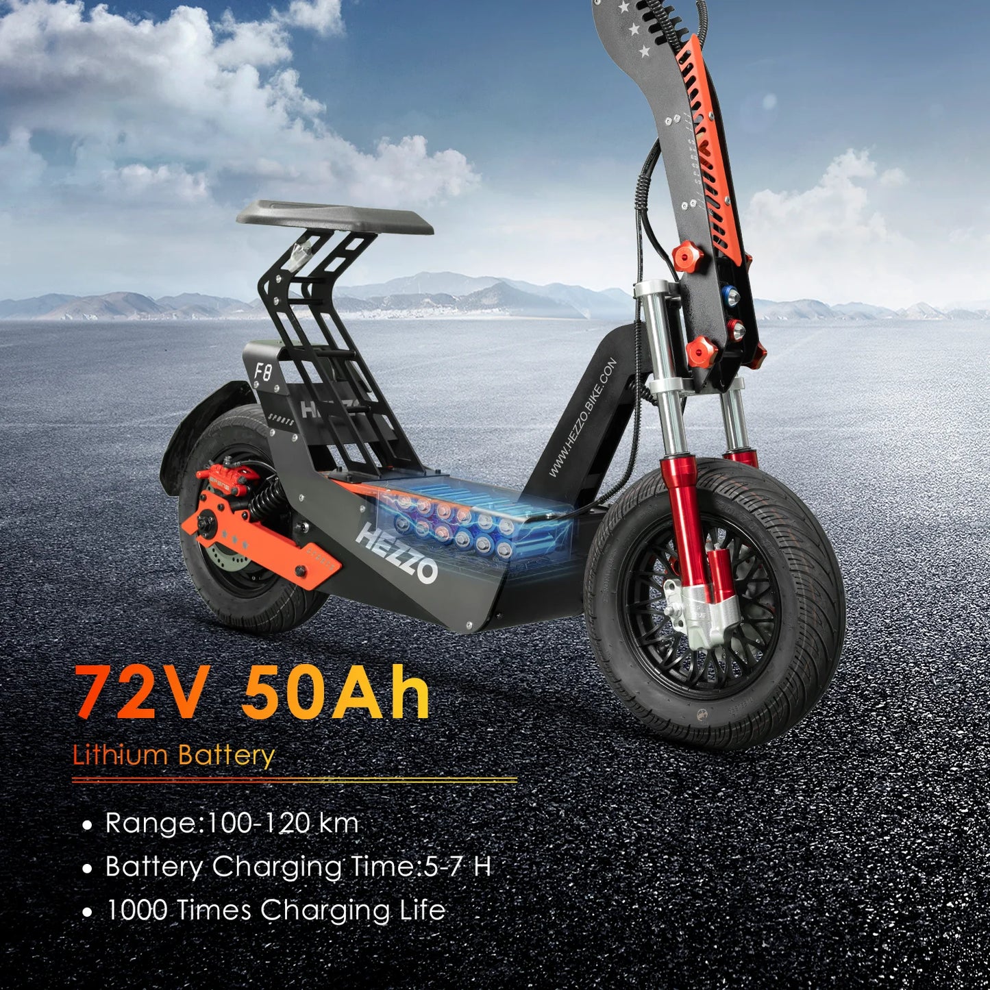 HEZZO F8 Electric Scooter 16 Inch Foldable 72v 8000W 62.5MPH 50Ah Long Range Off Road Escooter Motorbike With Seat US Warehouse.