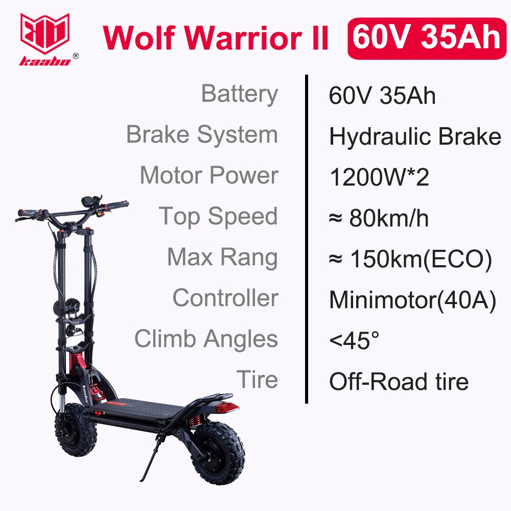 Original Kaabo Wolf Warrior 11 60V 26Ah 60V 35Ah 1200W*2 Dual Motor Full Hydraulic Brake 11inch Kaabo Wolf Warrior 11 E-Scooter.